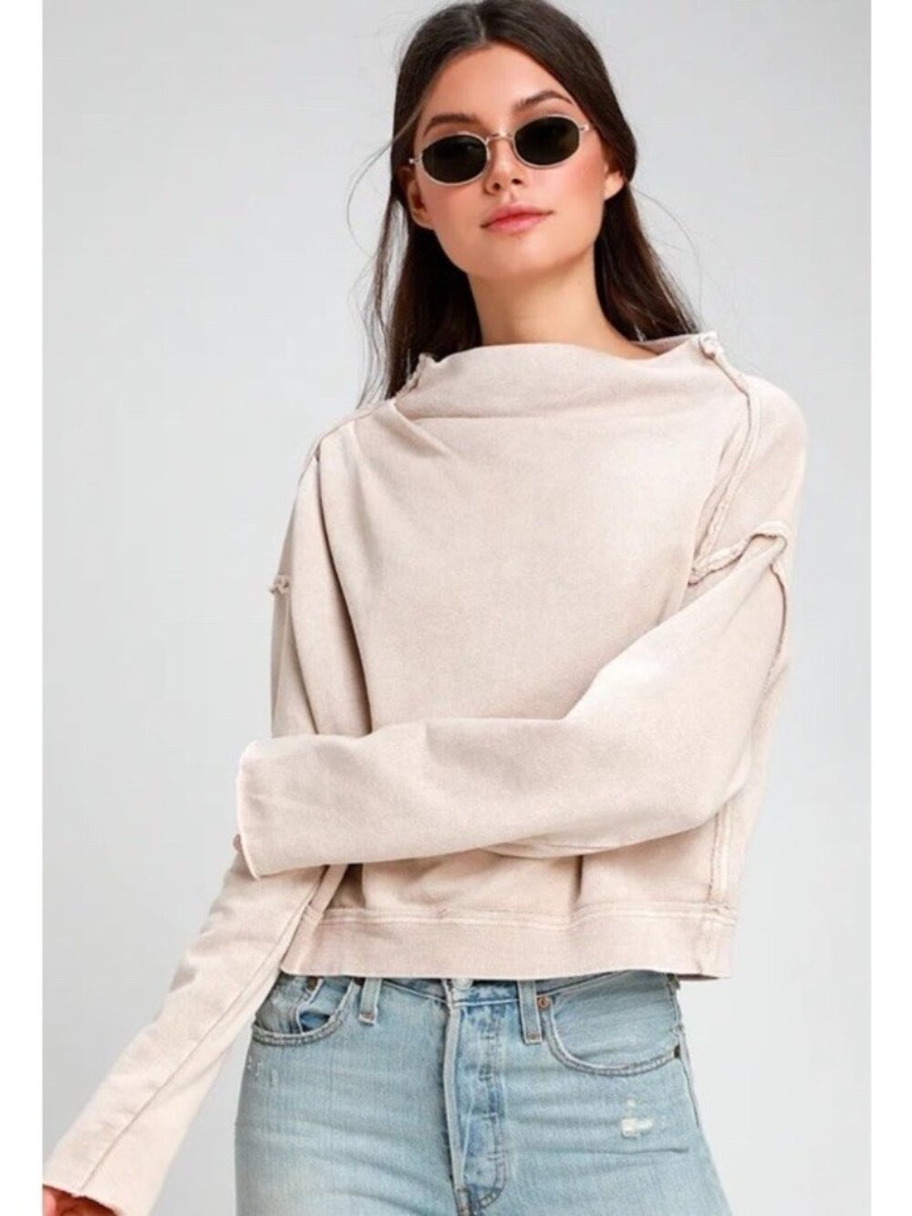 FREE People Oversized Oh Marley Funnel Neck Sweatshirt Distressed Casual M. T